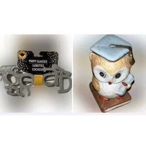 NEW Silver Glitter “Grad” Glasses Decor VTG Graduation Owl Porcelain Figurine